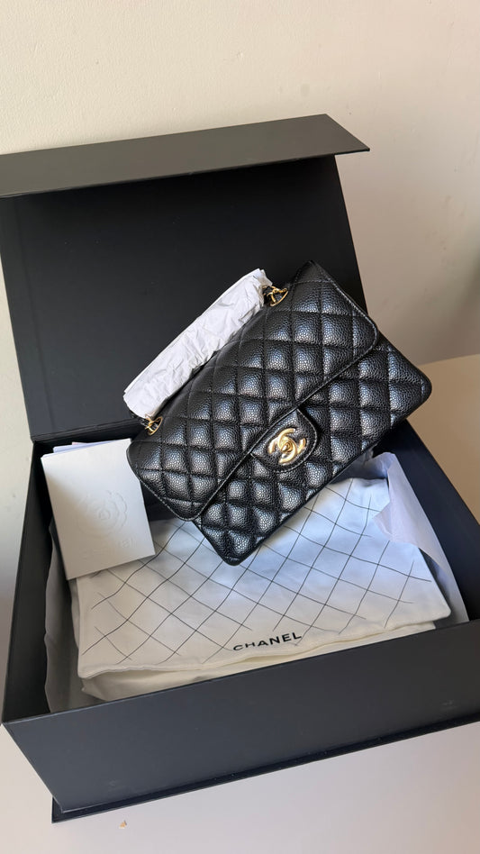 Chanel small double classic black flapbag caviar with chip