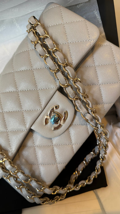 Chanel small light grey caviar flapbag chip