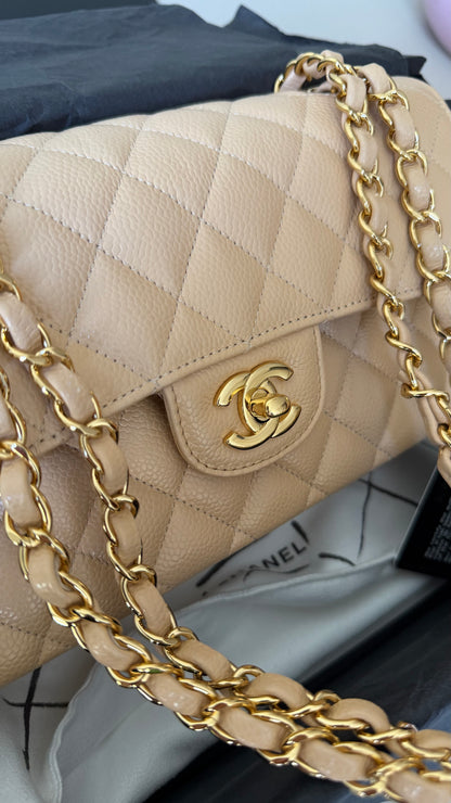 Chanel small classic flapbag caviar beige