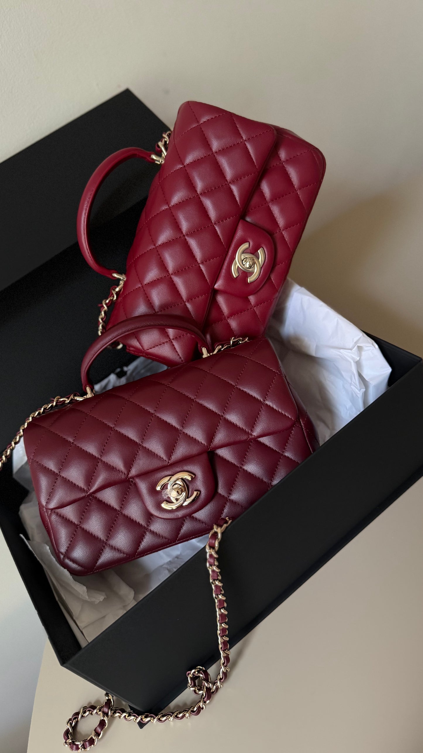Chanel mini top handle burgundy new full set