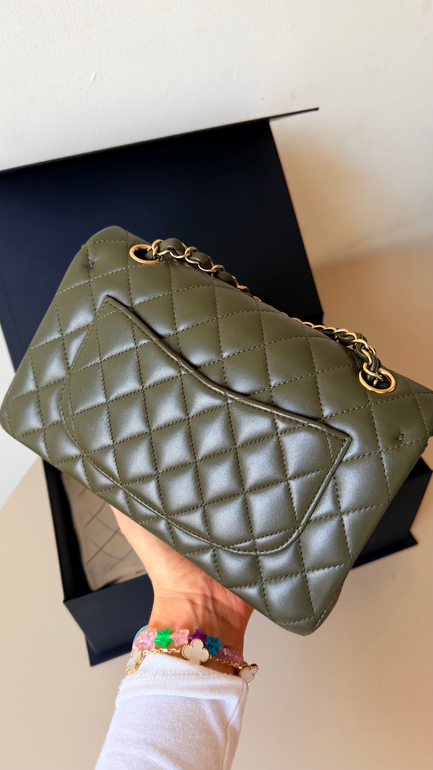 Chanel olive green lambskin small double flapbag full set