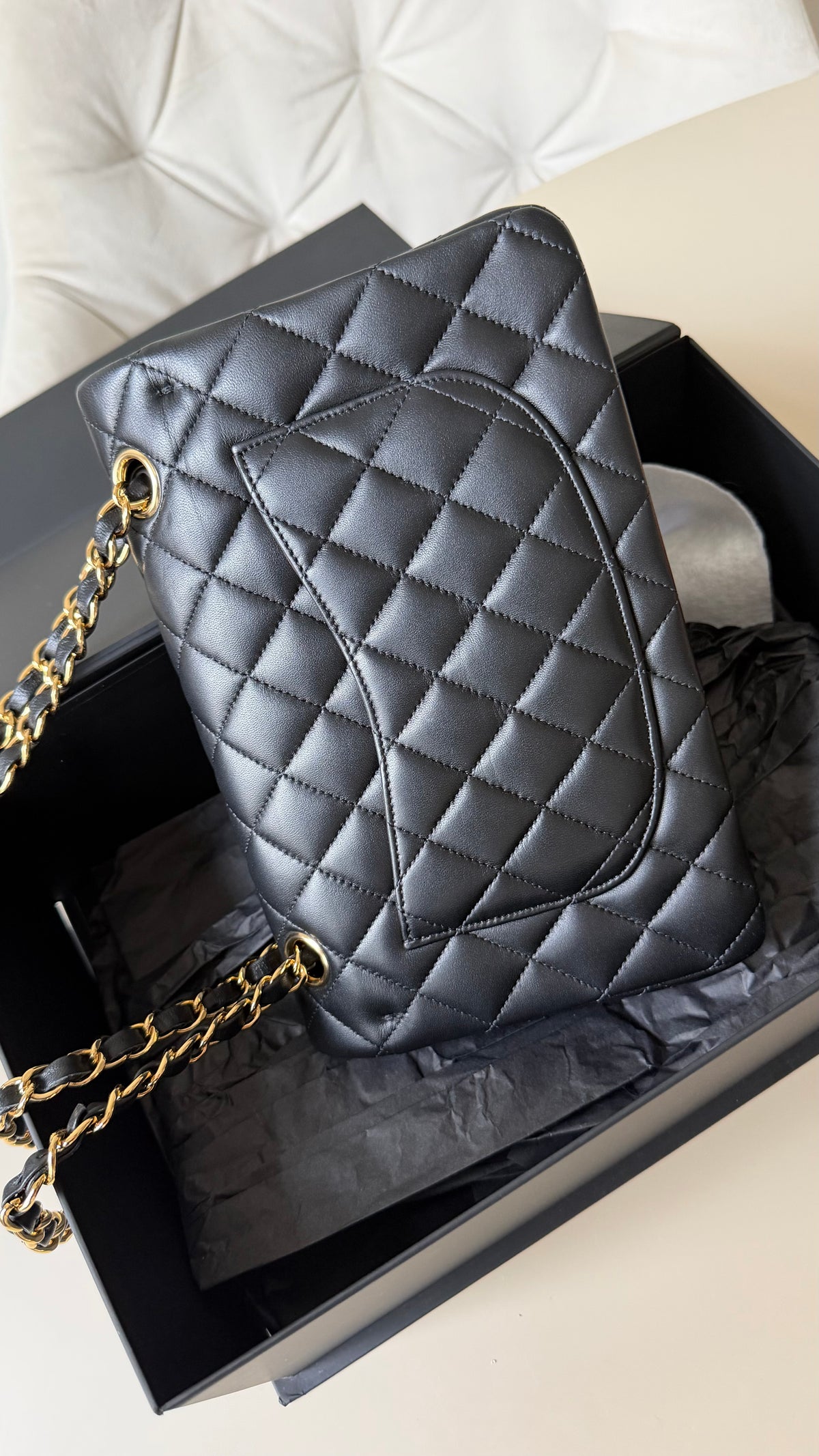Chanel classic flapbag lambskin small black with champagne gold hardware 2021
