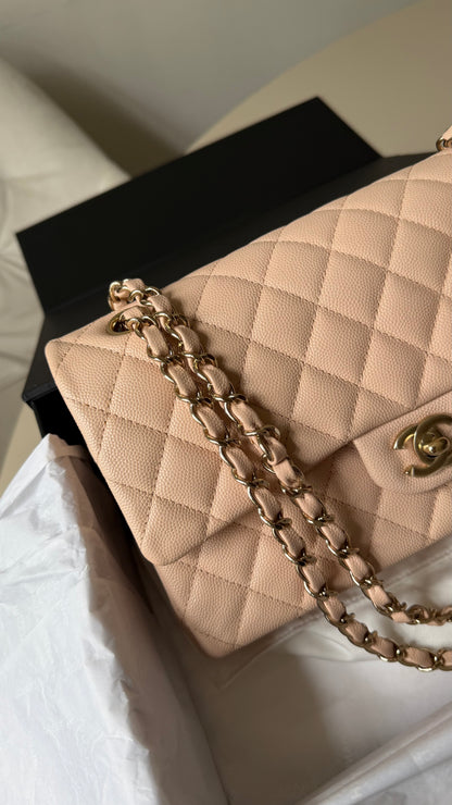 Chanel medium caviar cream beige flapbag with chip (2022-2026)