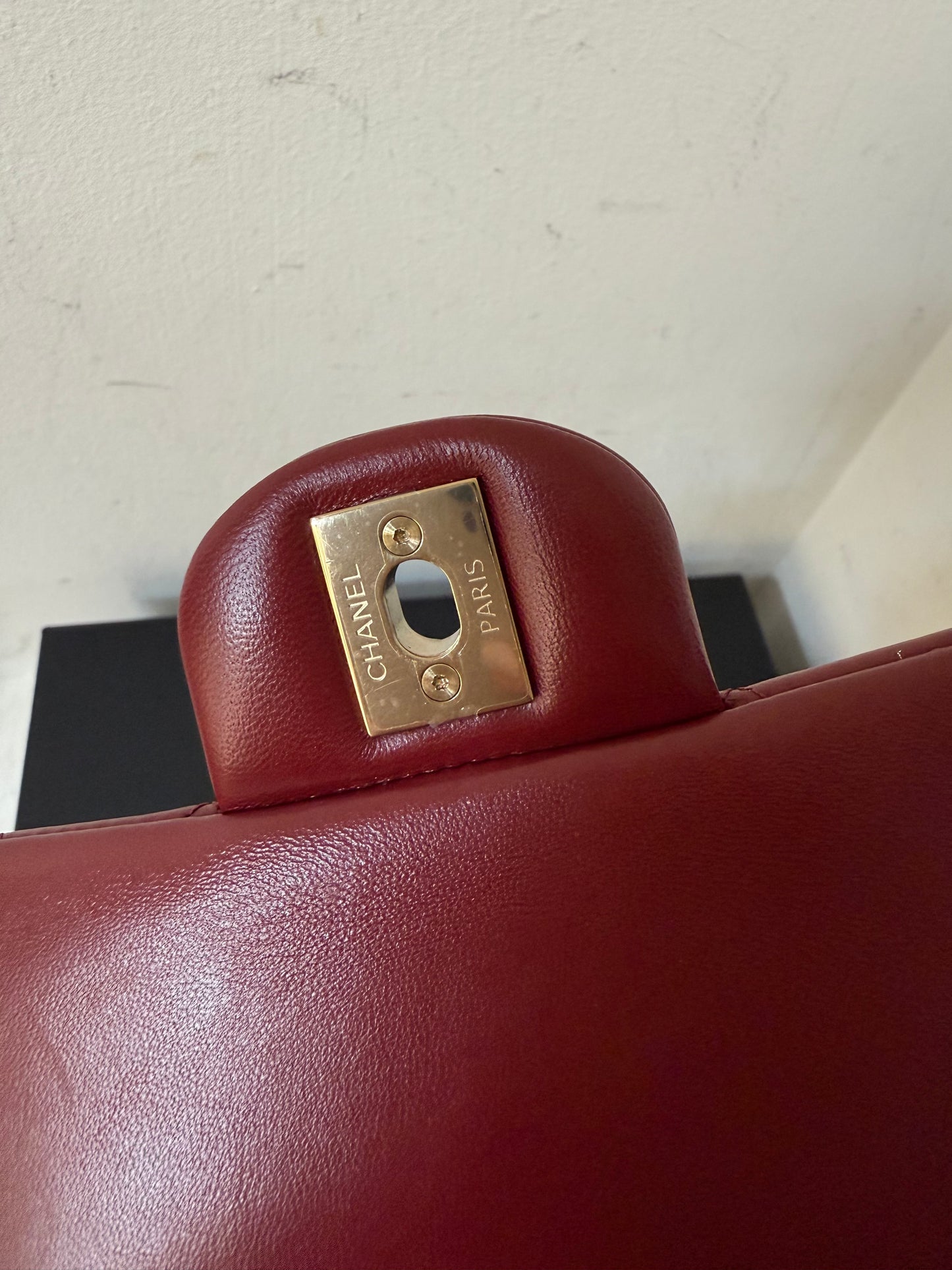 Chanel dark red mini lambskin top handle