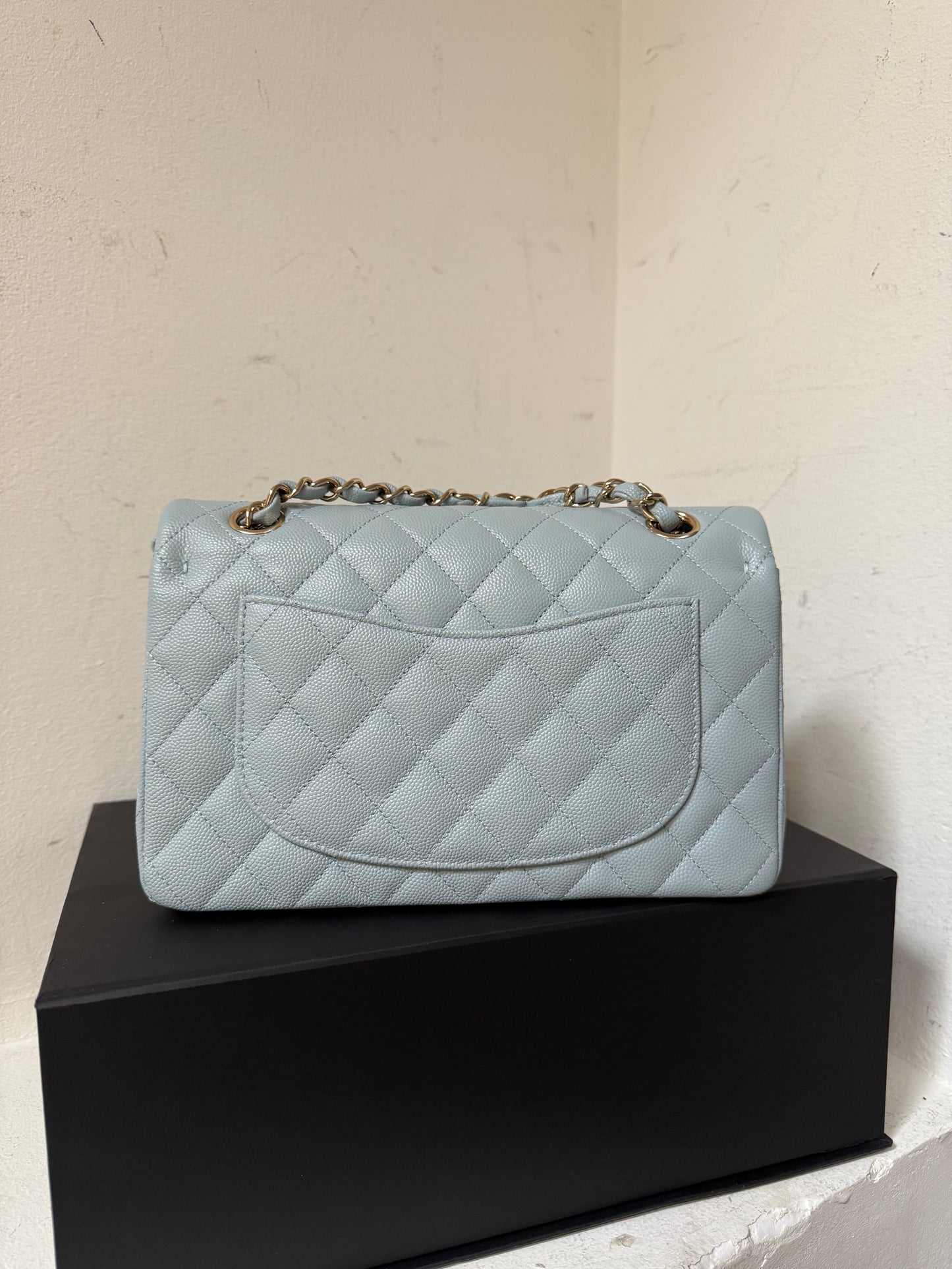 Chanel classic flapbag small caviar babyblue with chip