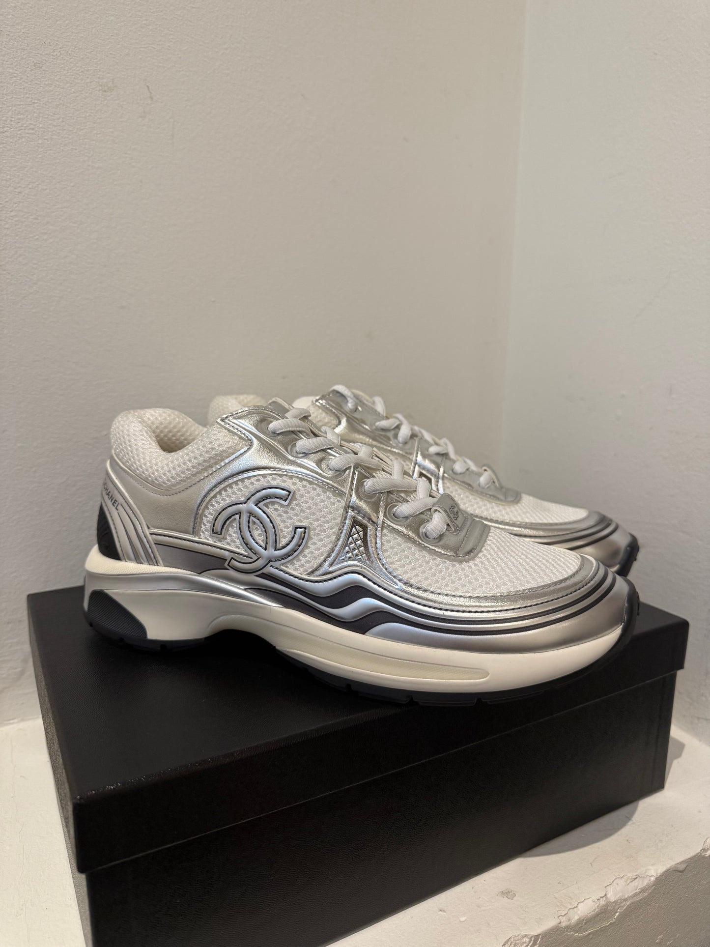 Chanel silver white sneakers 37.5