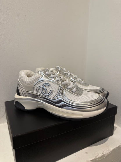 Chanel silver white sneakers 37.5