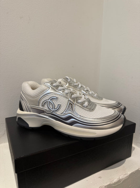 Chanel silver white sneakers 37.5