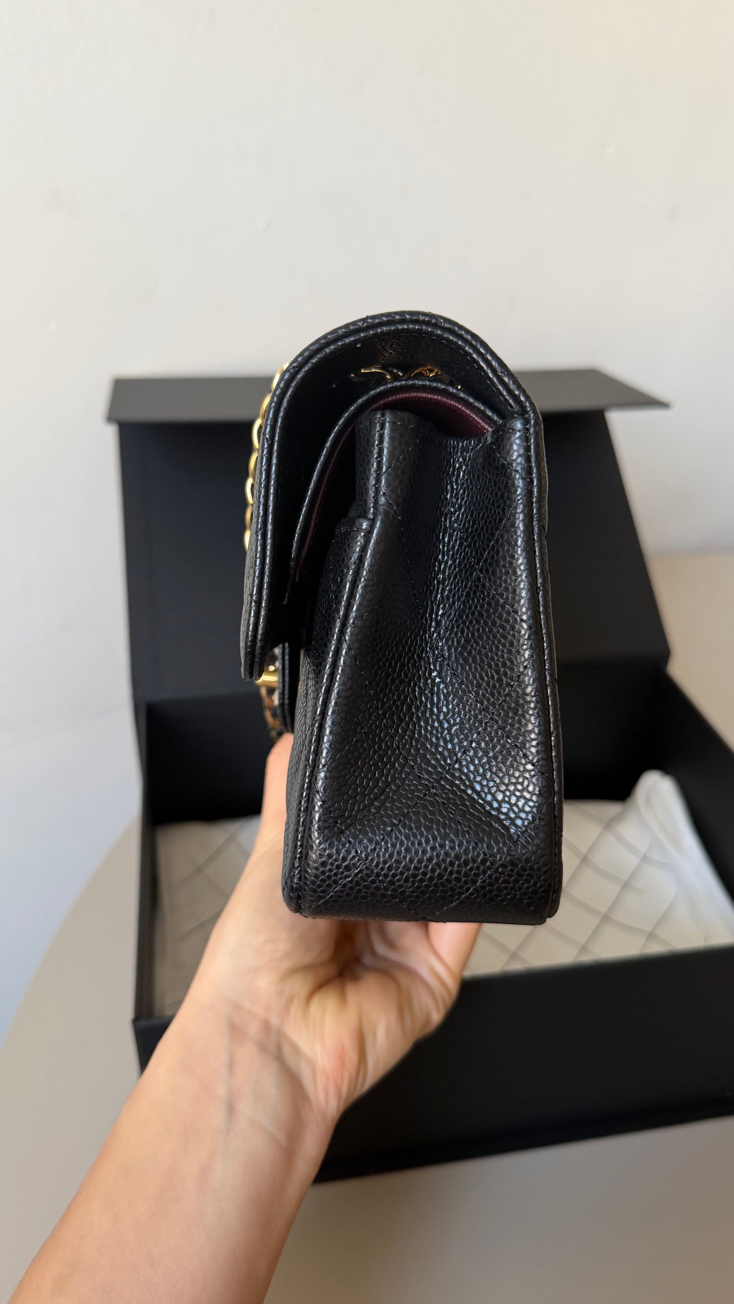 Chanel small classic flap black caviar with chip