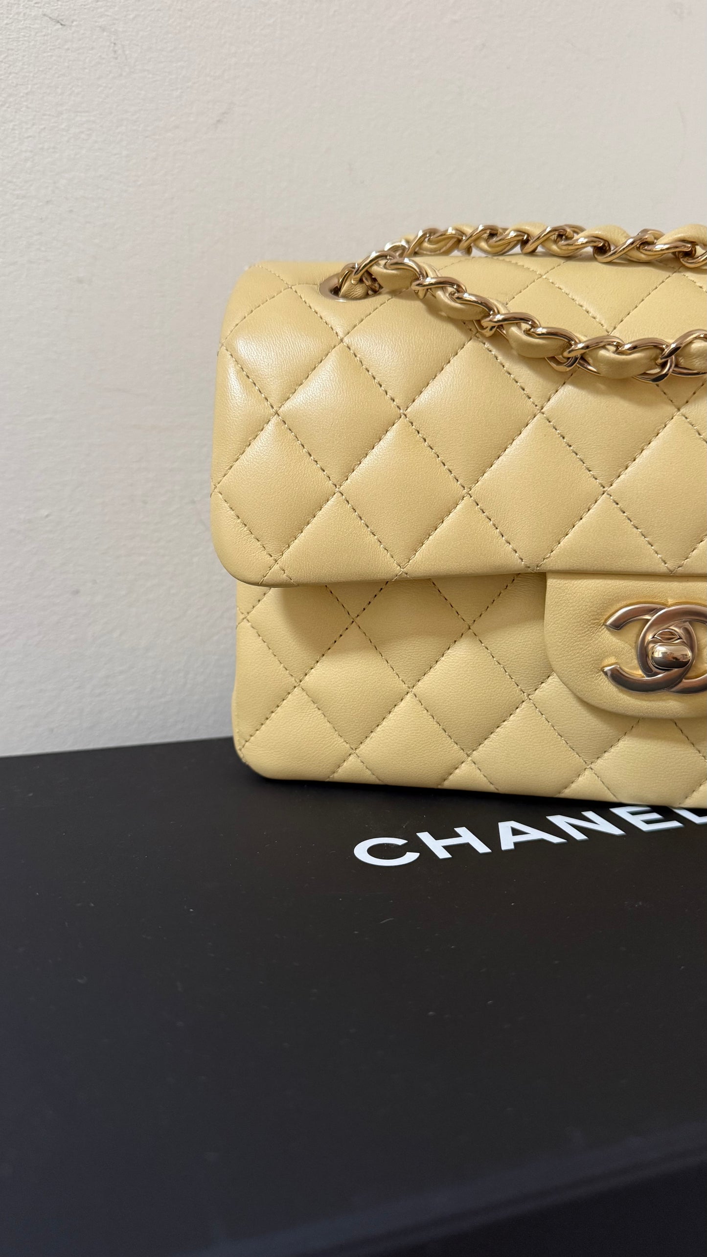 Chanel butter yellow lambskin small flap, new with chip
