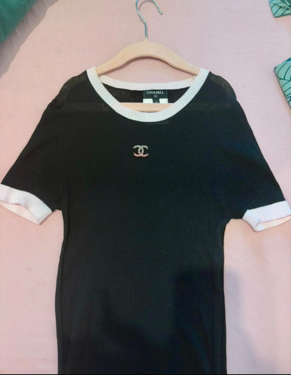 Chanel black top, pink collar, CC logo, size 38