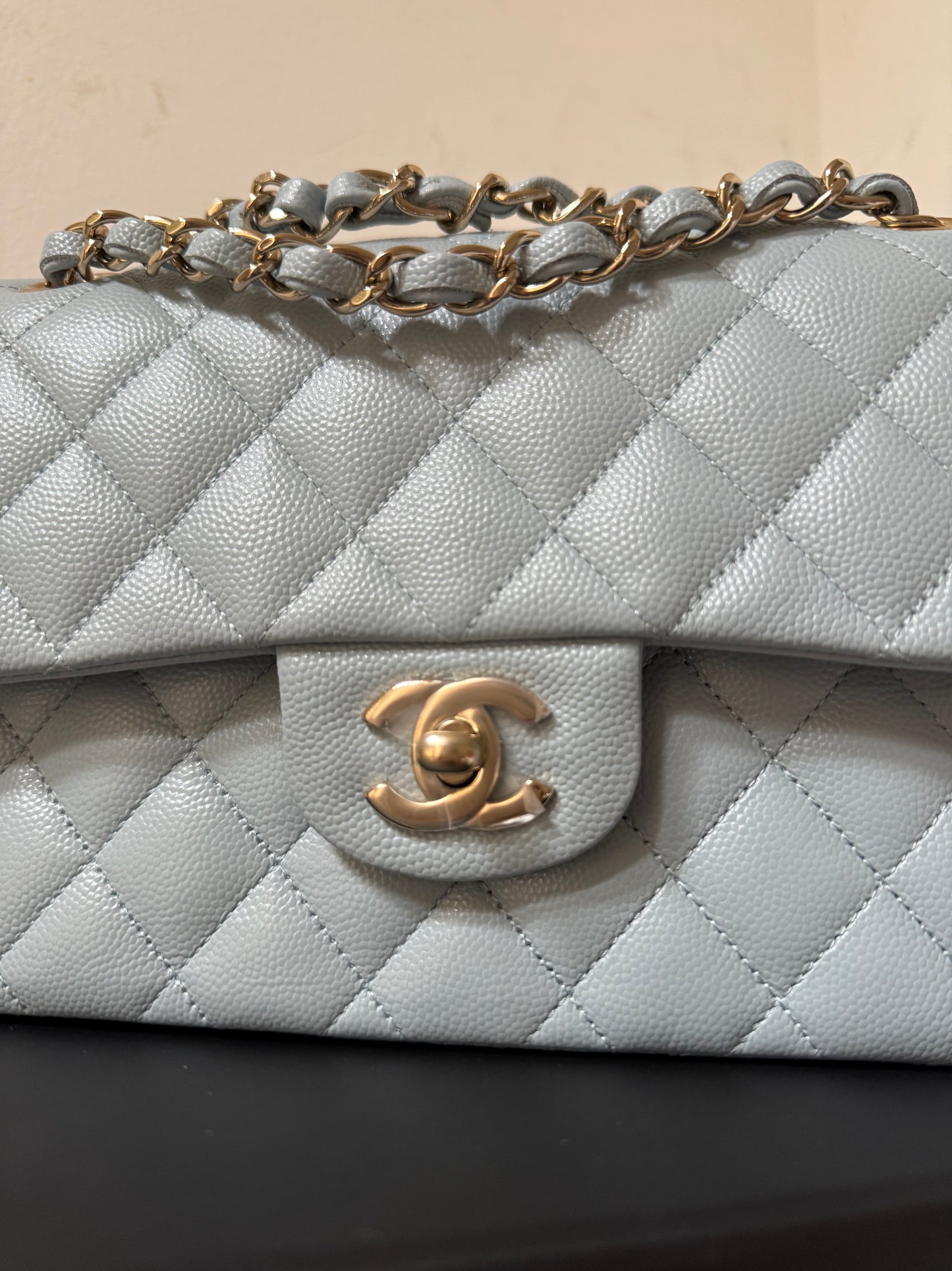 Chanel classic flapbag small caviar babyblue with chip