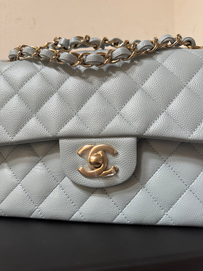 Chanel classic flapbag small caviar babyblue with chip