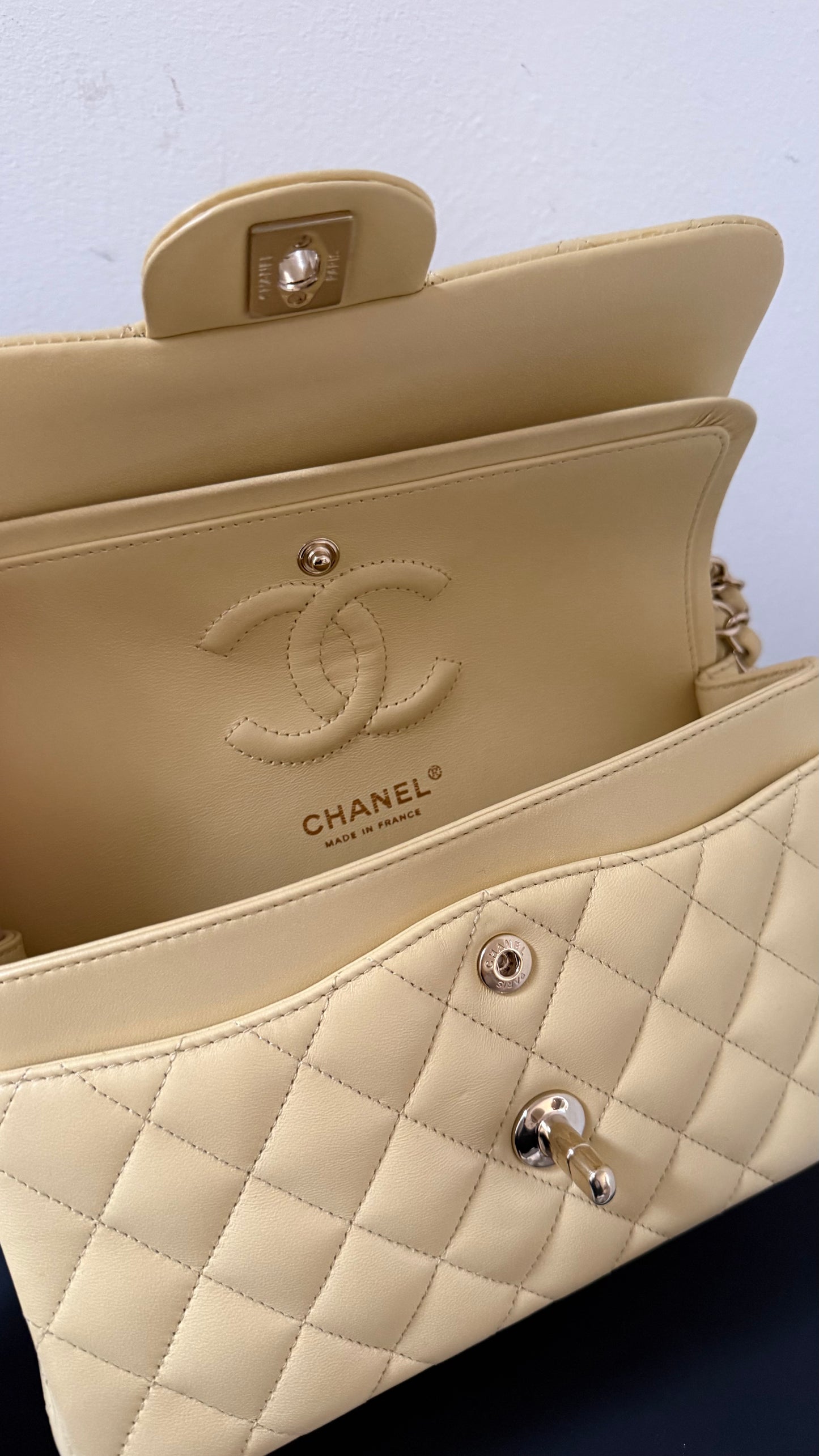 Chanel butter yellow lambskin small flap, new with chip