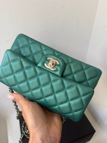 Chanel green emerald mini lambskin flap