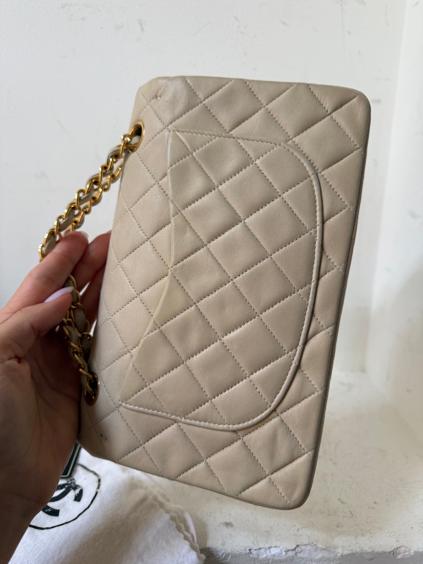 Small vintage cream lambskin classic flapbag 2 series