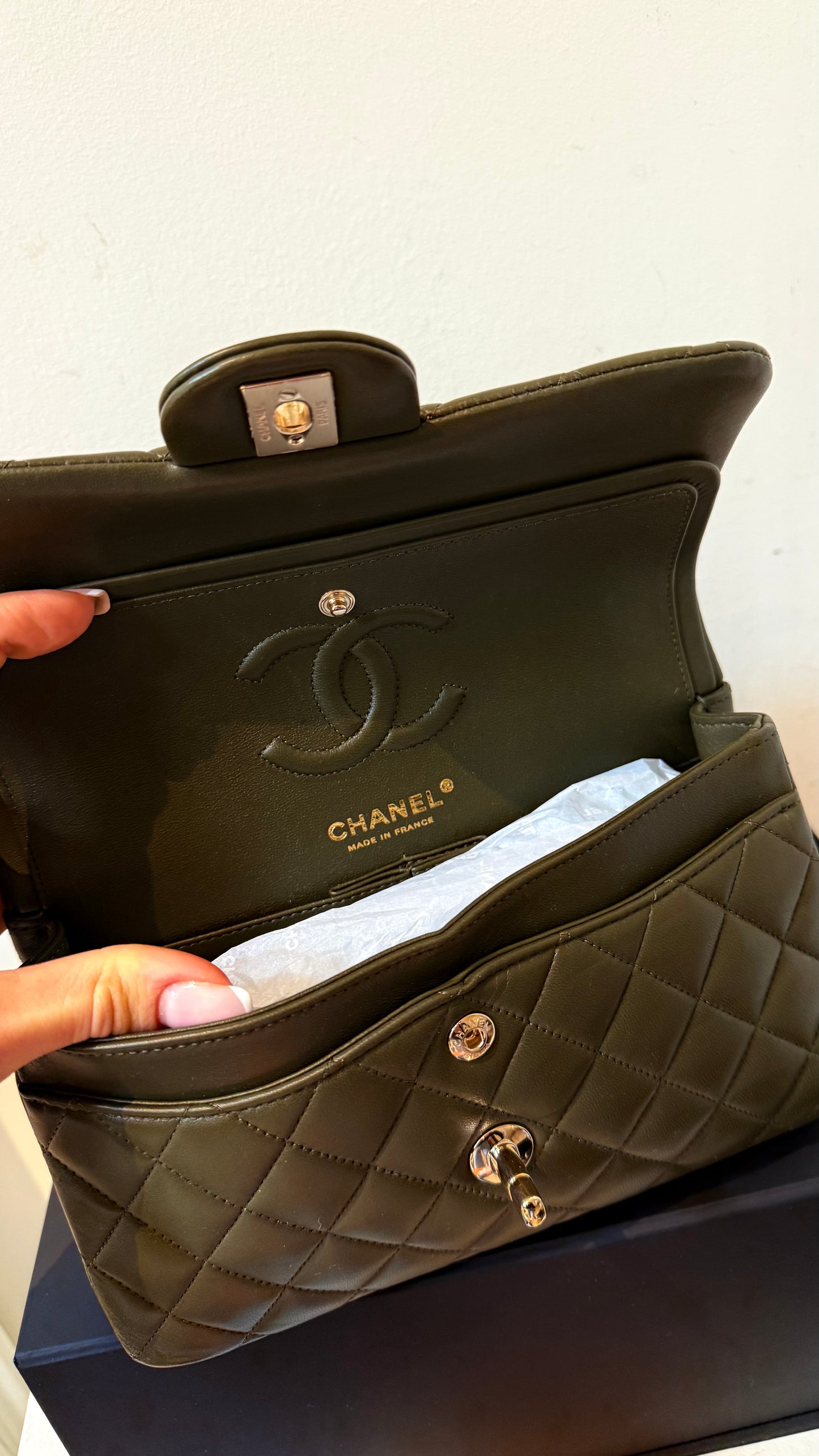 Chanel army green small lambskin double flapbag full set 2023