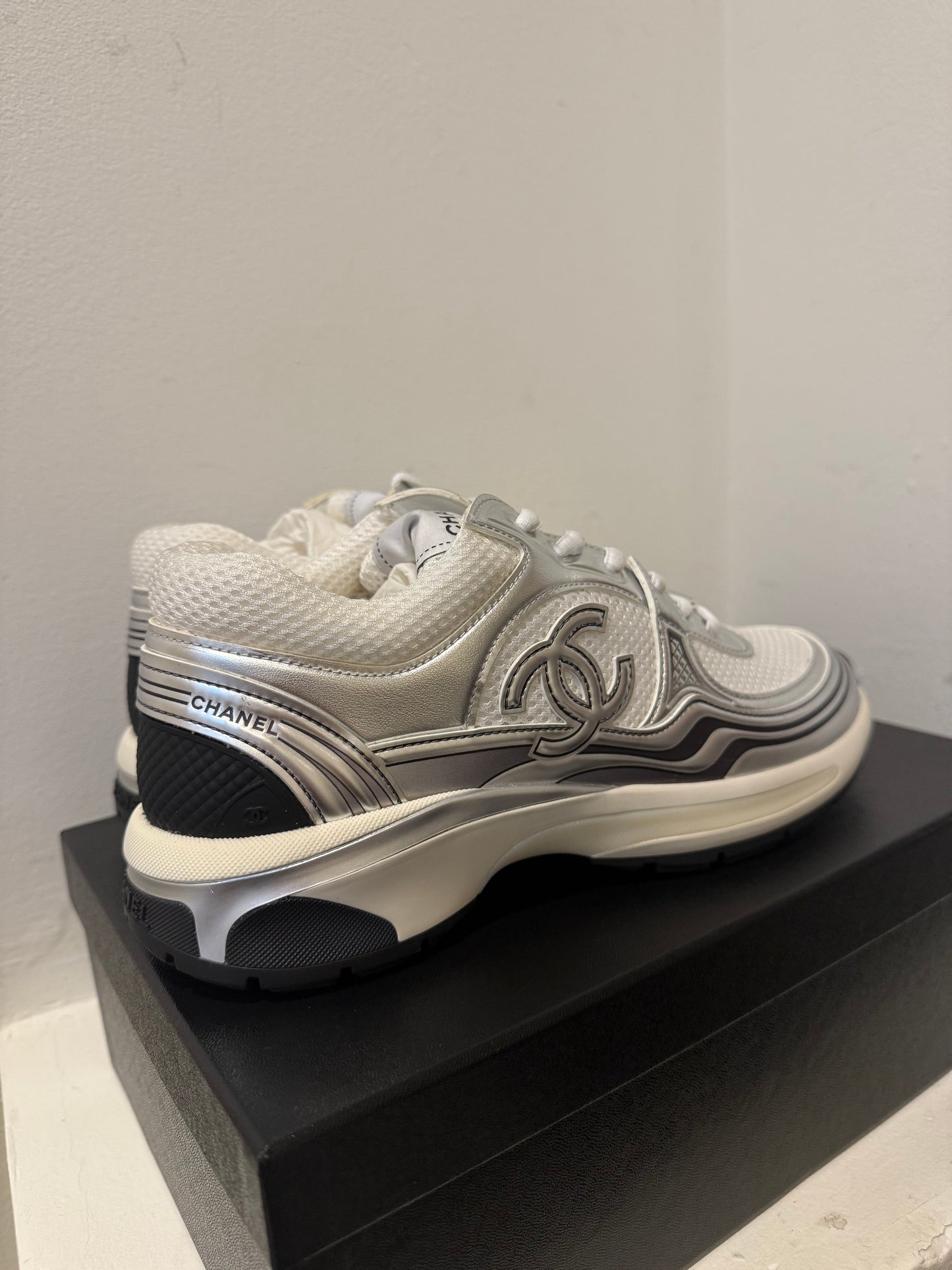 Chanel silver white sneakers 37.5