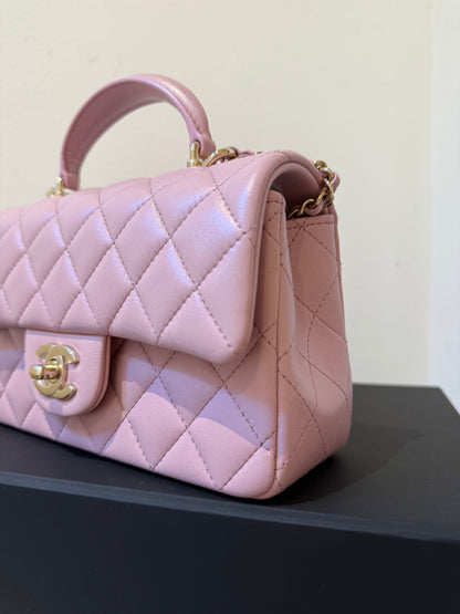 Chanel mini lambskin pink top handle