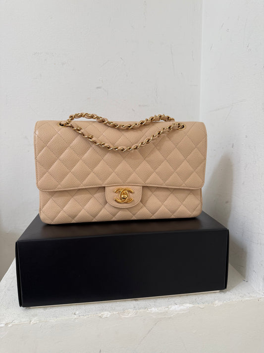 Chanel beige classic flap medium in caviar leather 14-series