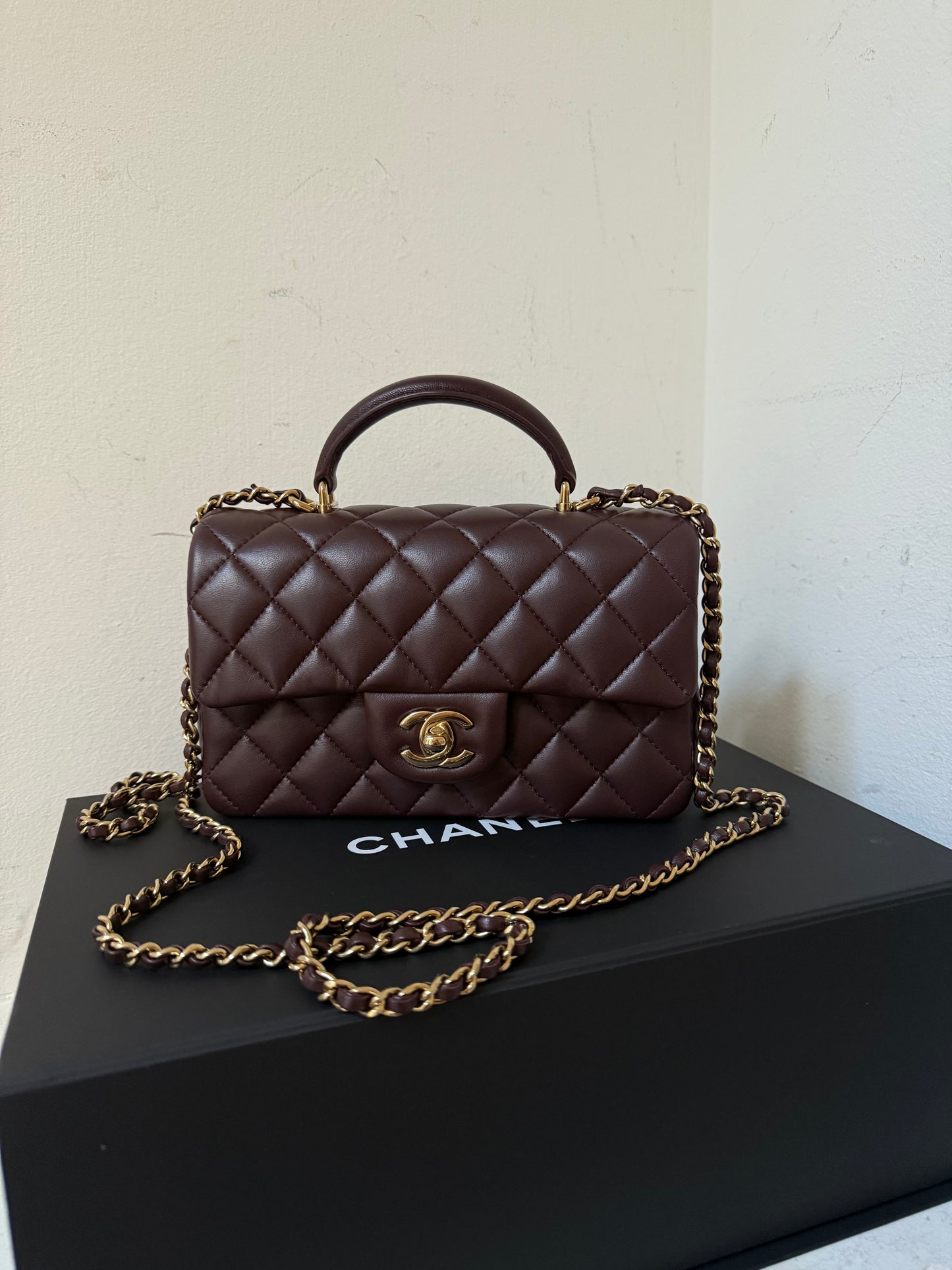 Chanel top handle dark brown/purple