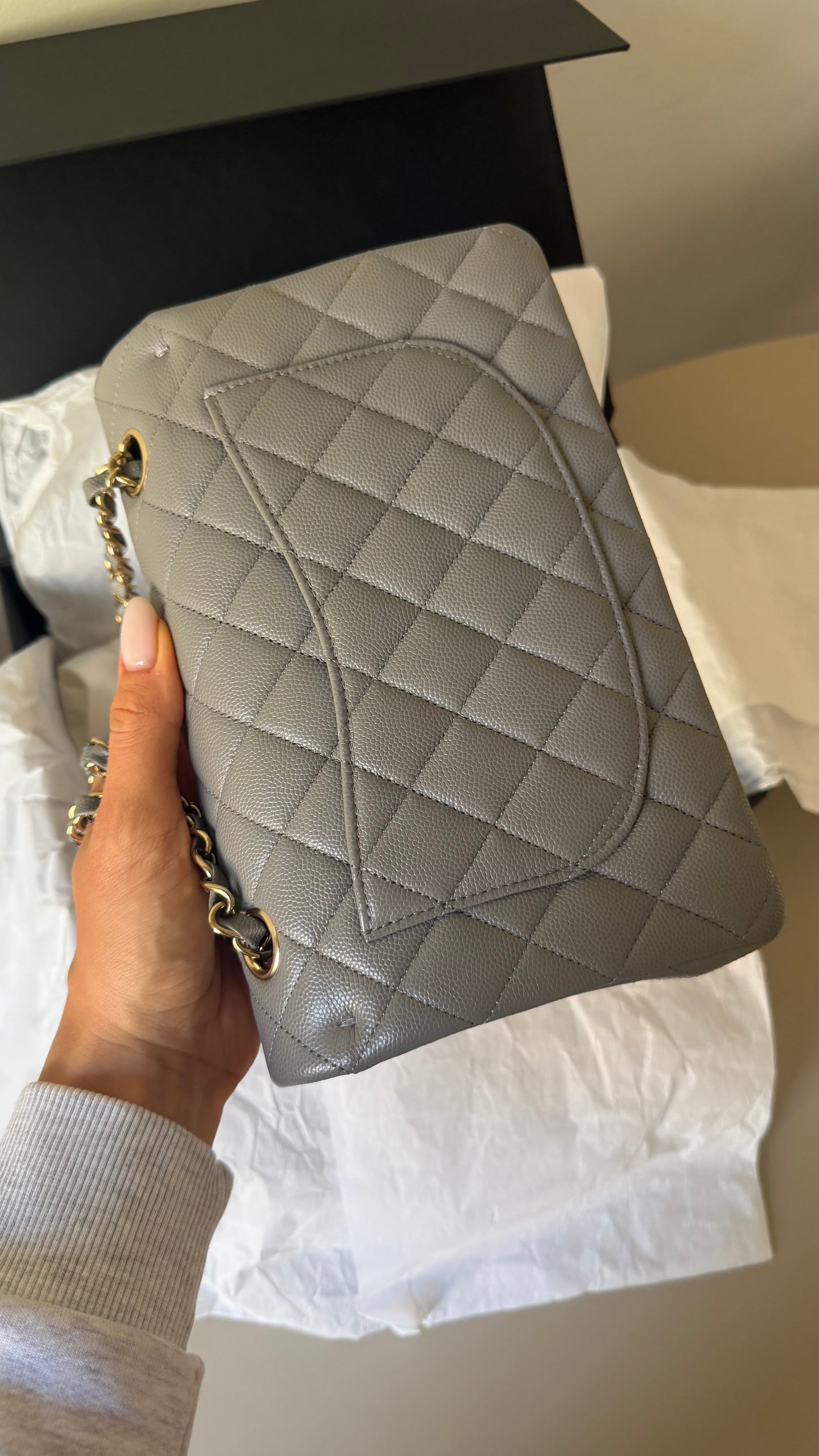 Chanel small Grey caviar double classic flapbag with chip 2022