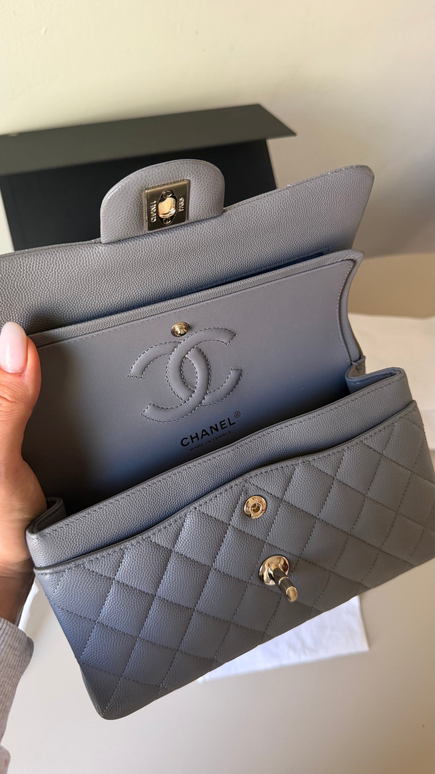 Chanel small Grey caviar double classic flapbag with chip 2022