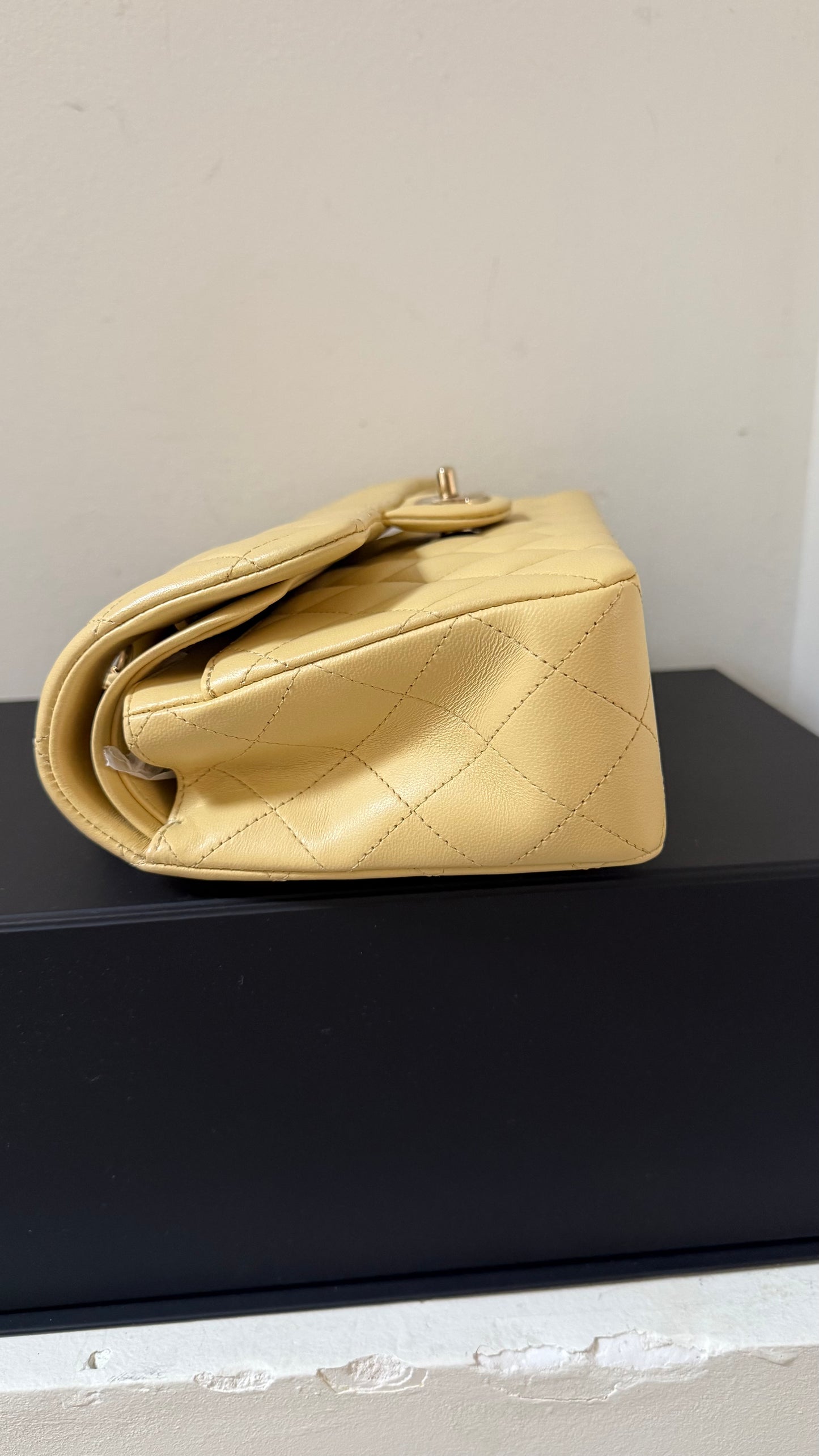 Chanel butter yellow lambskin small flap, new with chip