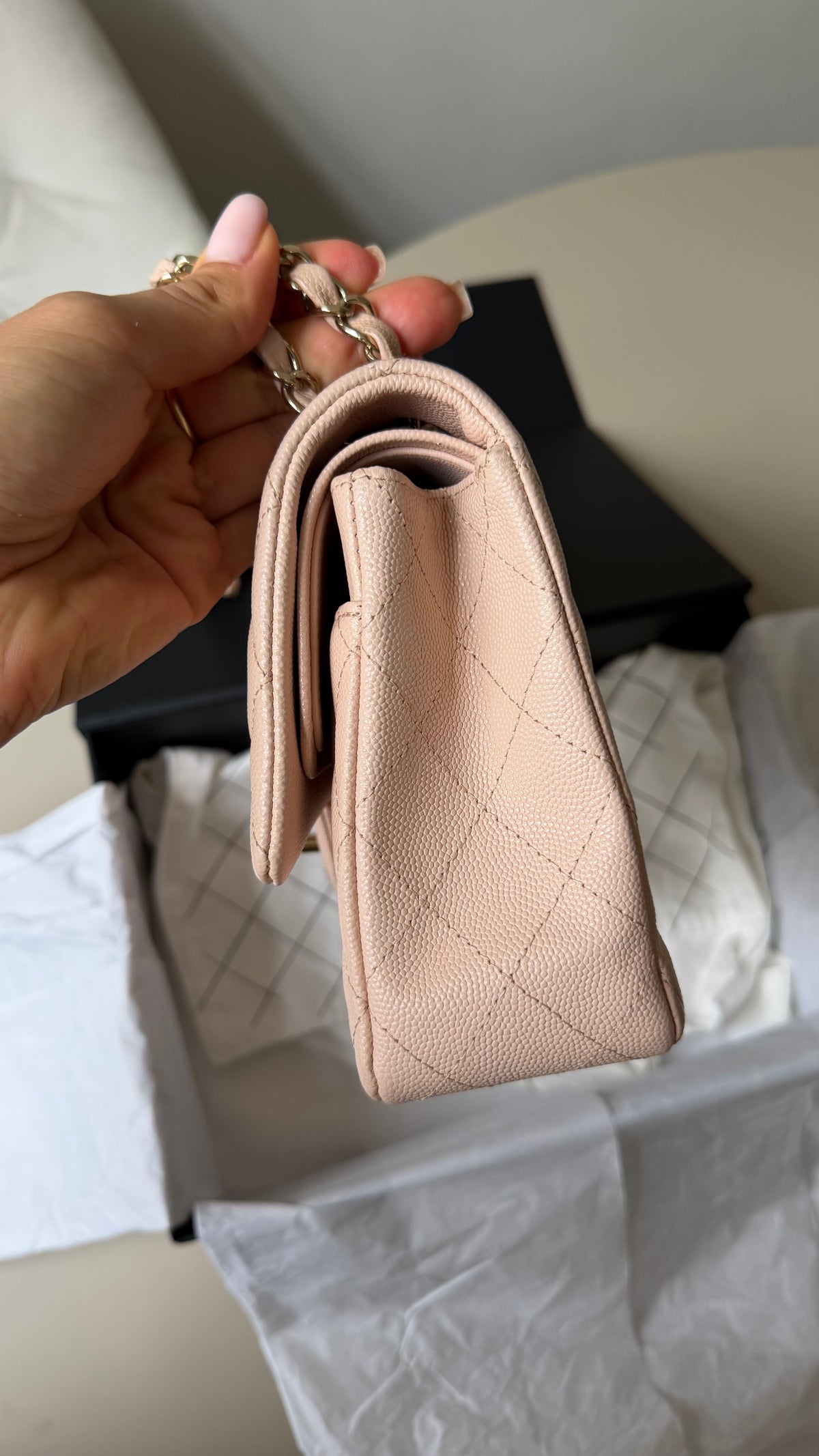 Chanel medium caviar cream beige flapbag with chip (2022-2026)