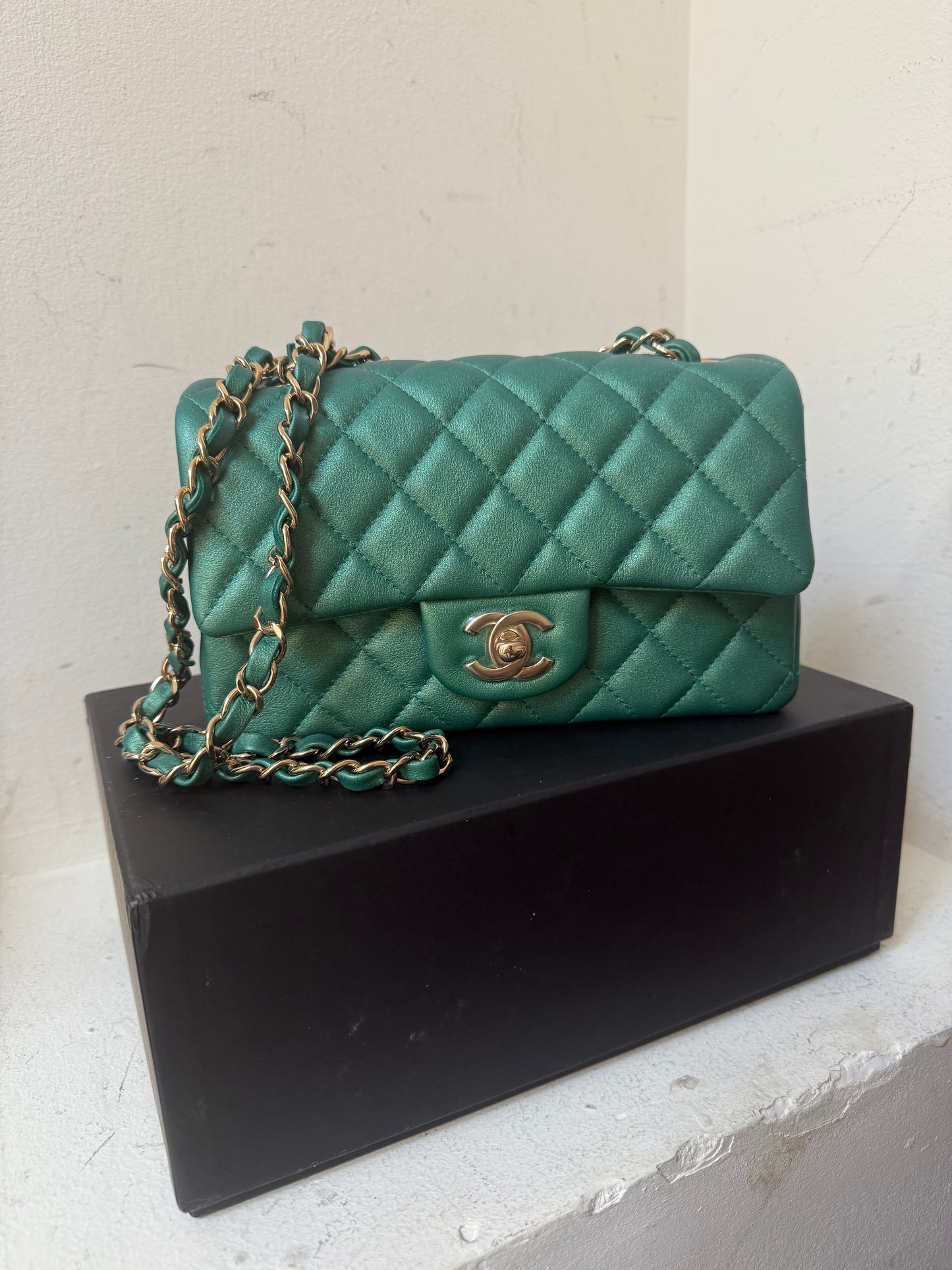 Chanel green emerald mini lambskin flap