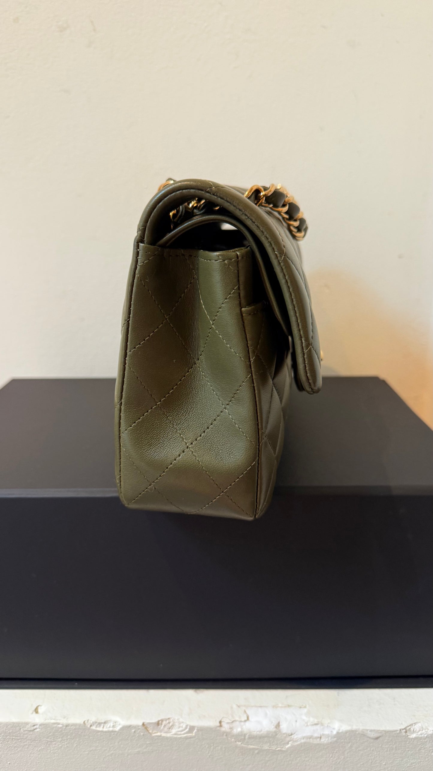 Chanel army green small lambskin double flapbag full set 2023