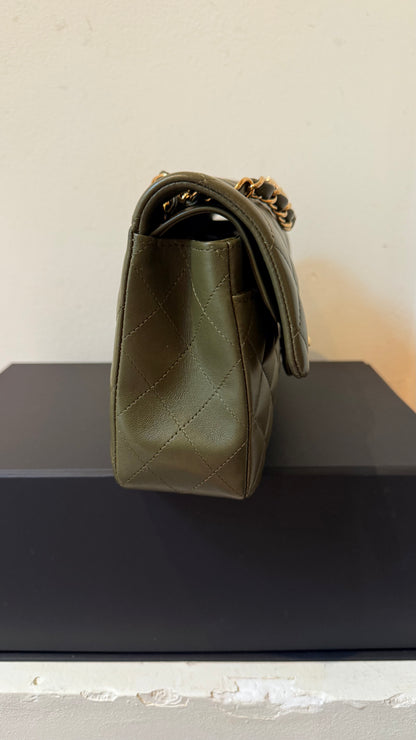 Chanel army green small lambskin double flapbag full set 2023