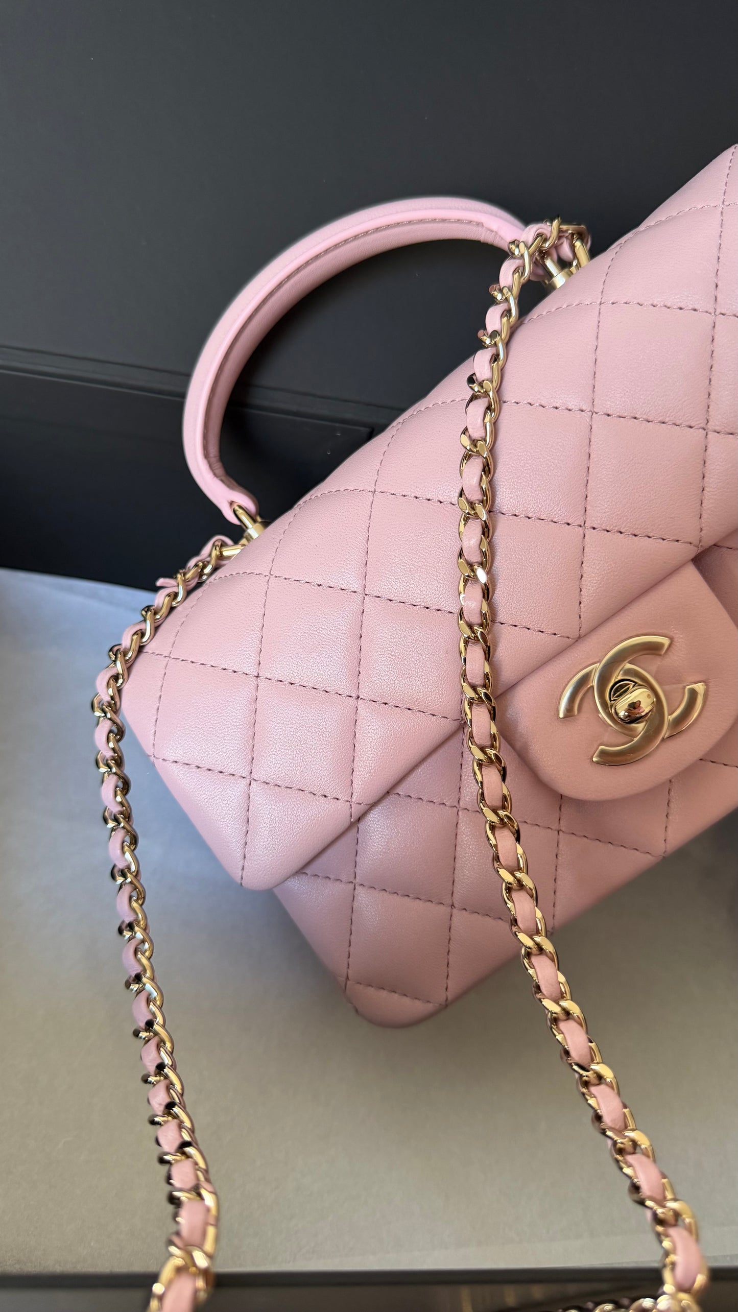 Chanel pink mini top handle with chip