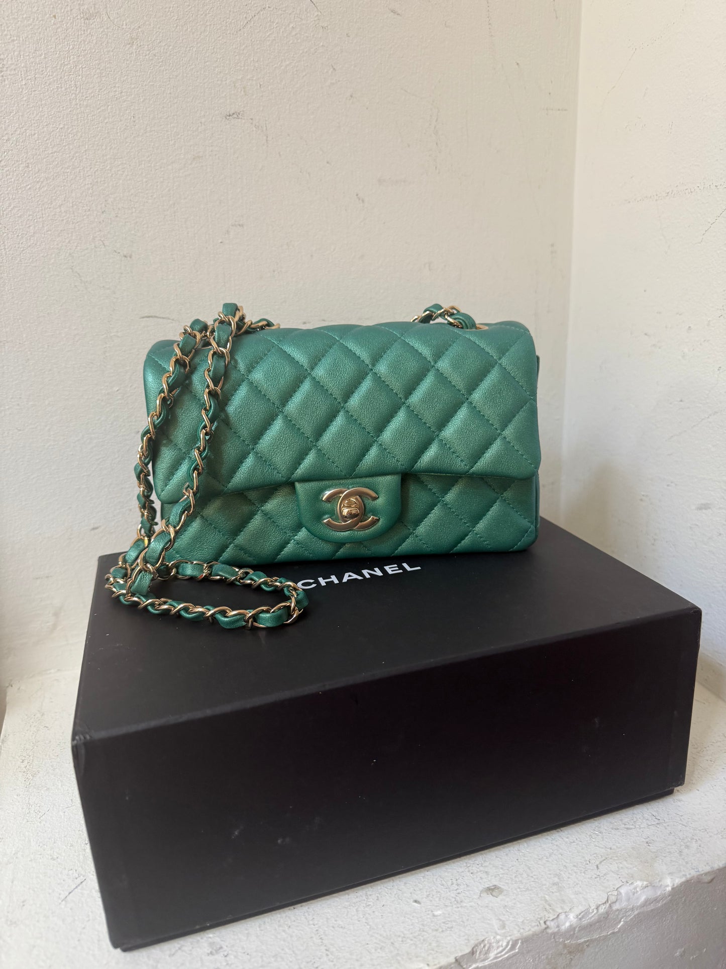 Chanel green emerald mini lambskin flap