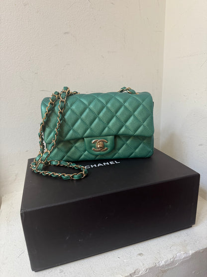 Chanel green emerald mini lambskin flap