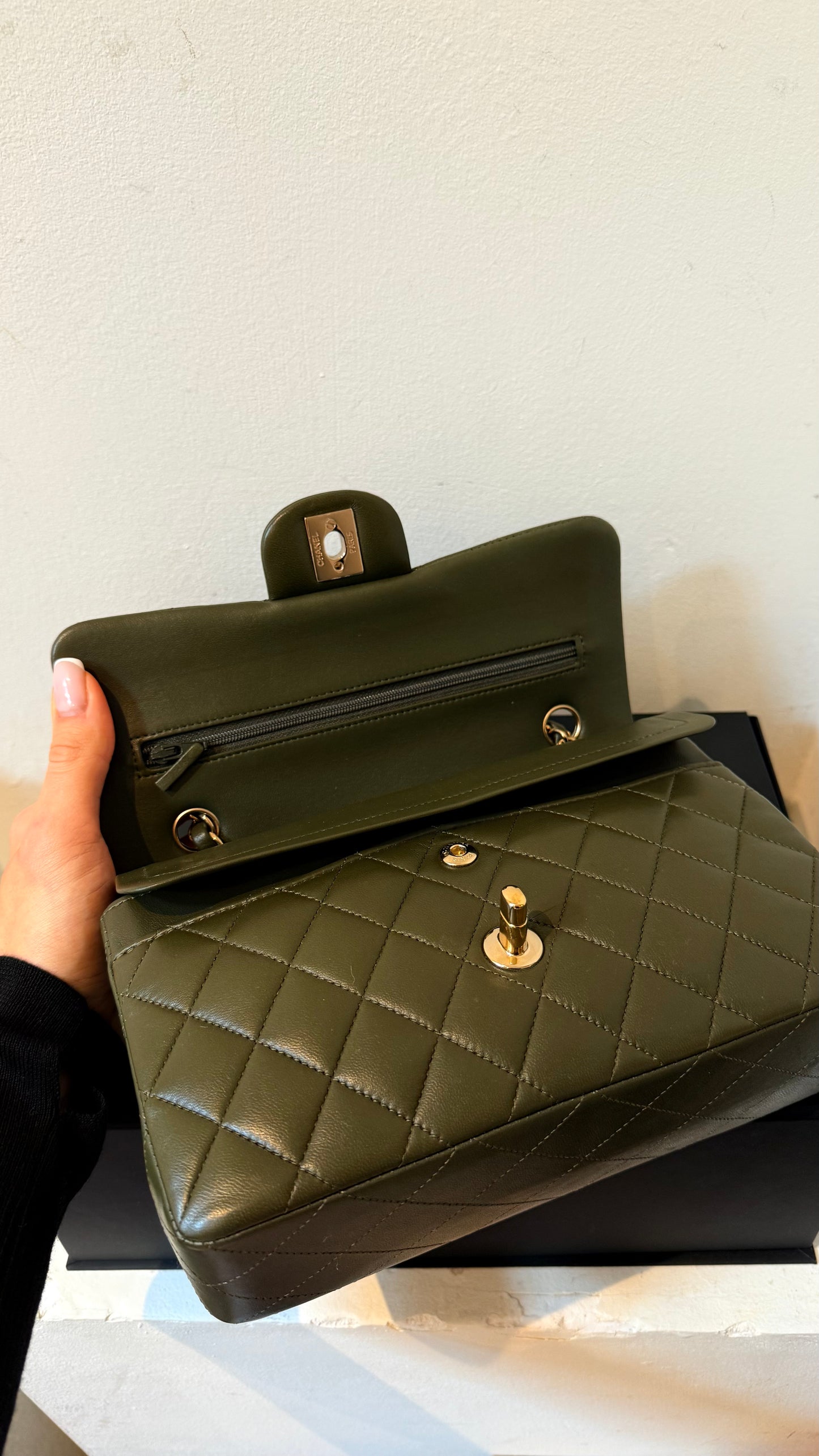 Chanel army green small lambskin double flapbag full set 2023