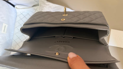 Chanel small Grey caviar double classic flapbag with chip 2022