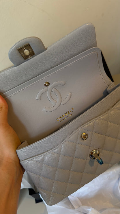 Chanel small light grey caviar flapbag chip