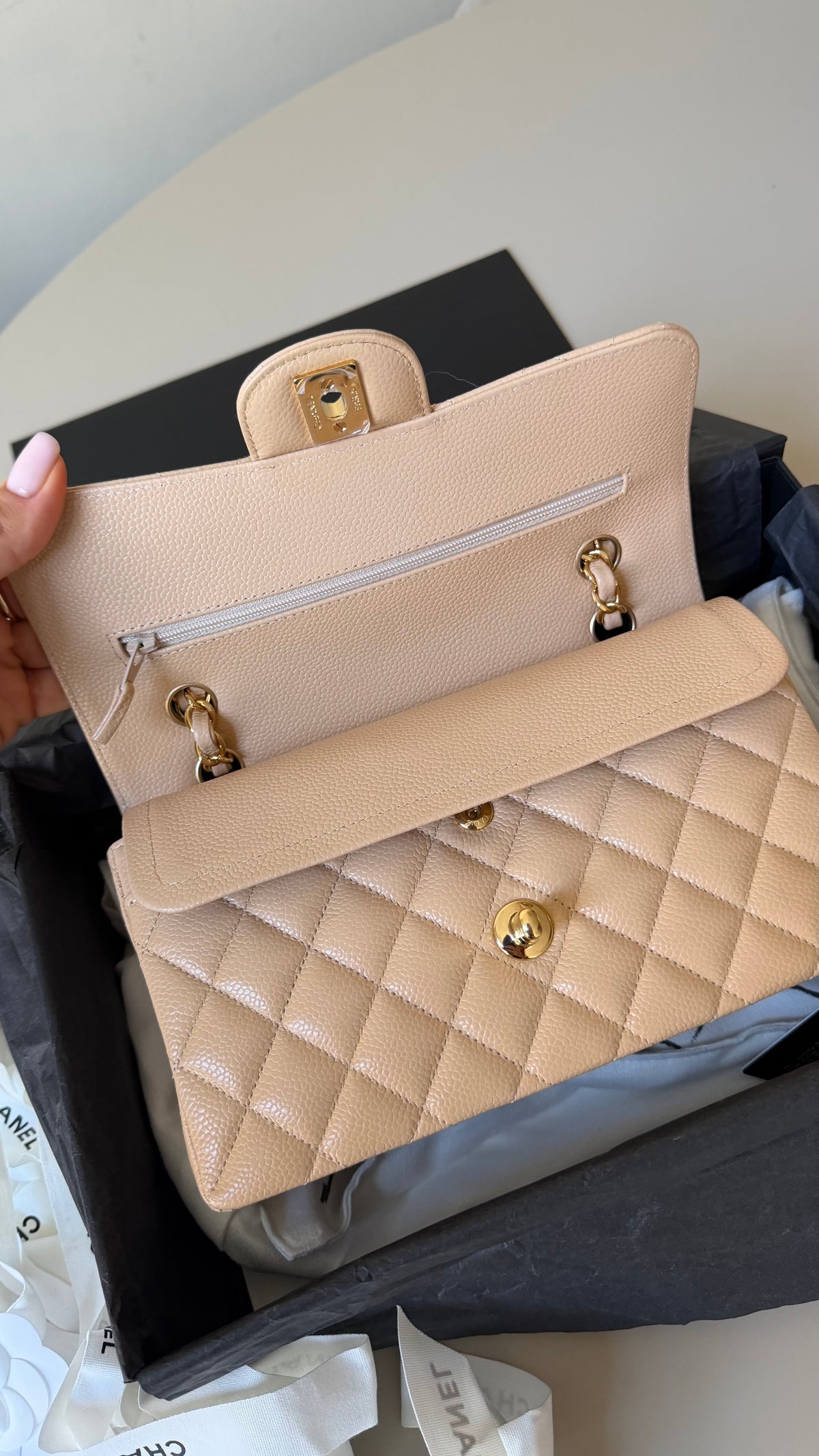Chanel small classic flapbag caviar beige