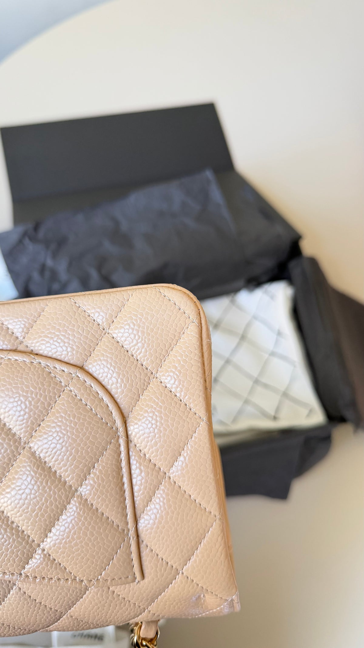 Chanel small classic flapbag caviar beige