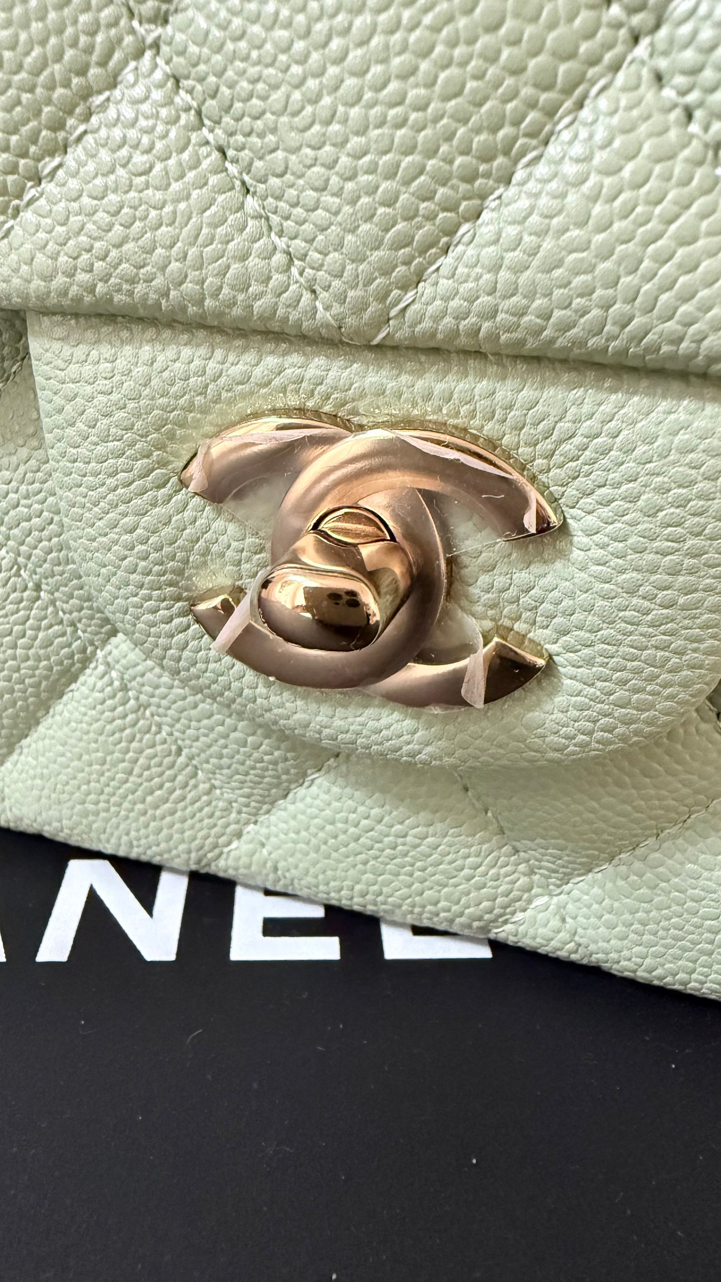 Chanel small flapbag caviar with chip in mint green color