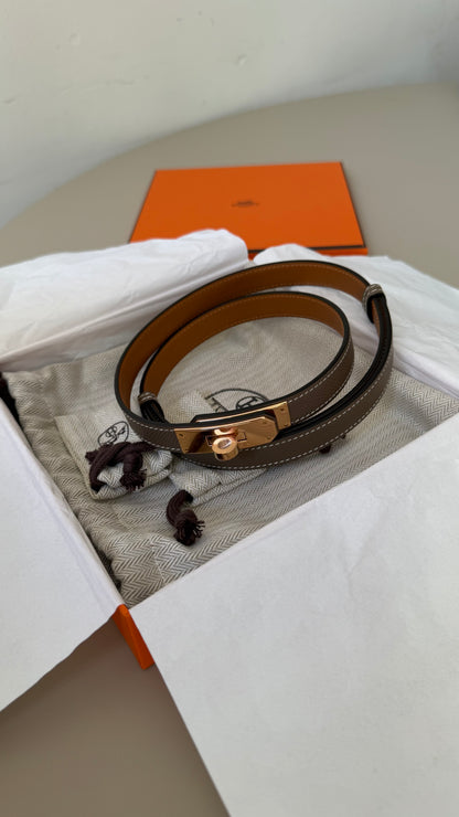 Hermes Kelly belt etoupe with rose gold hardware