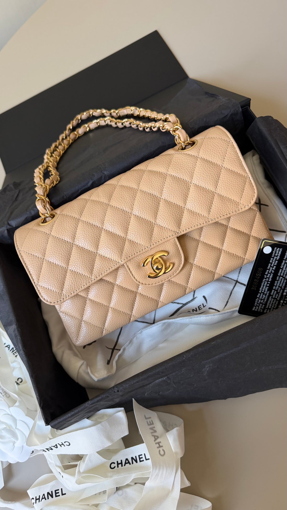 Chanel small classic flapbag caviar beige
