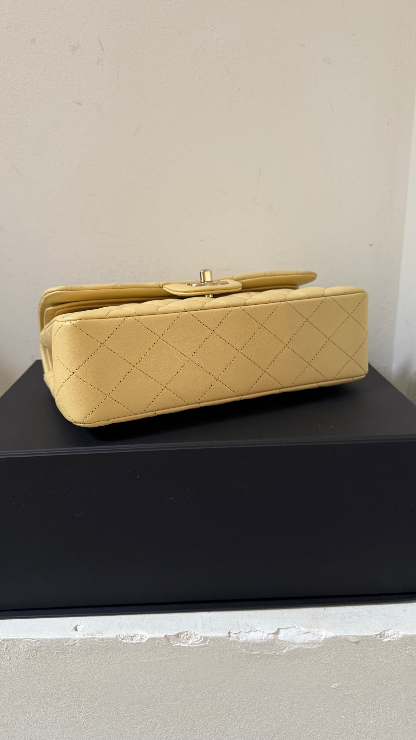 Chanel butter yellow lambskin small flap, new with chip