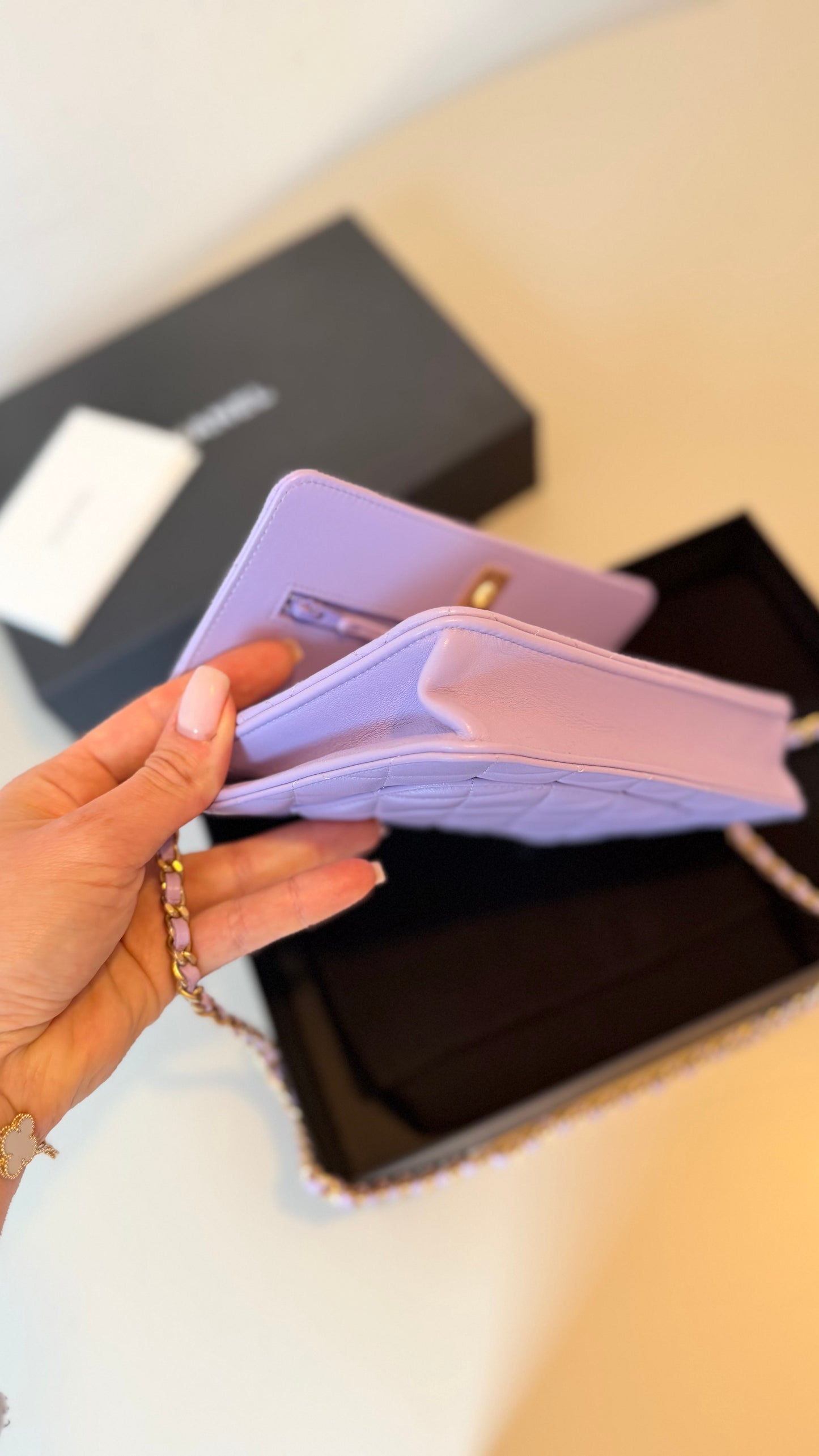 Chanel Lila wallet on chain pearl crush