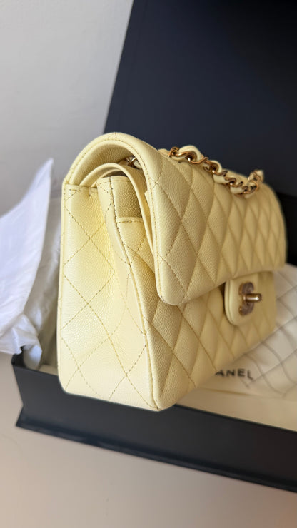 Chanel small butter yellow classic flapbag caviar
