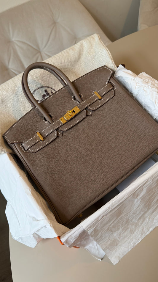 Birkin 25 etoupe Togo with gold hardware stamp D full set with receipt