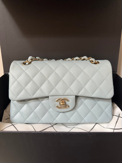 Chanel classic flapbag small caviar babyblue with chip