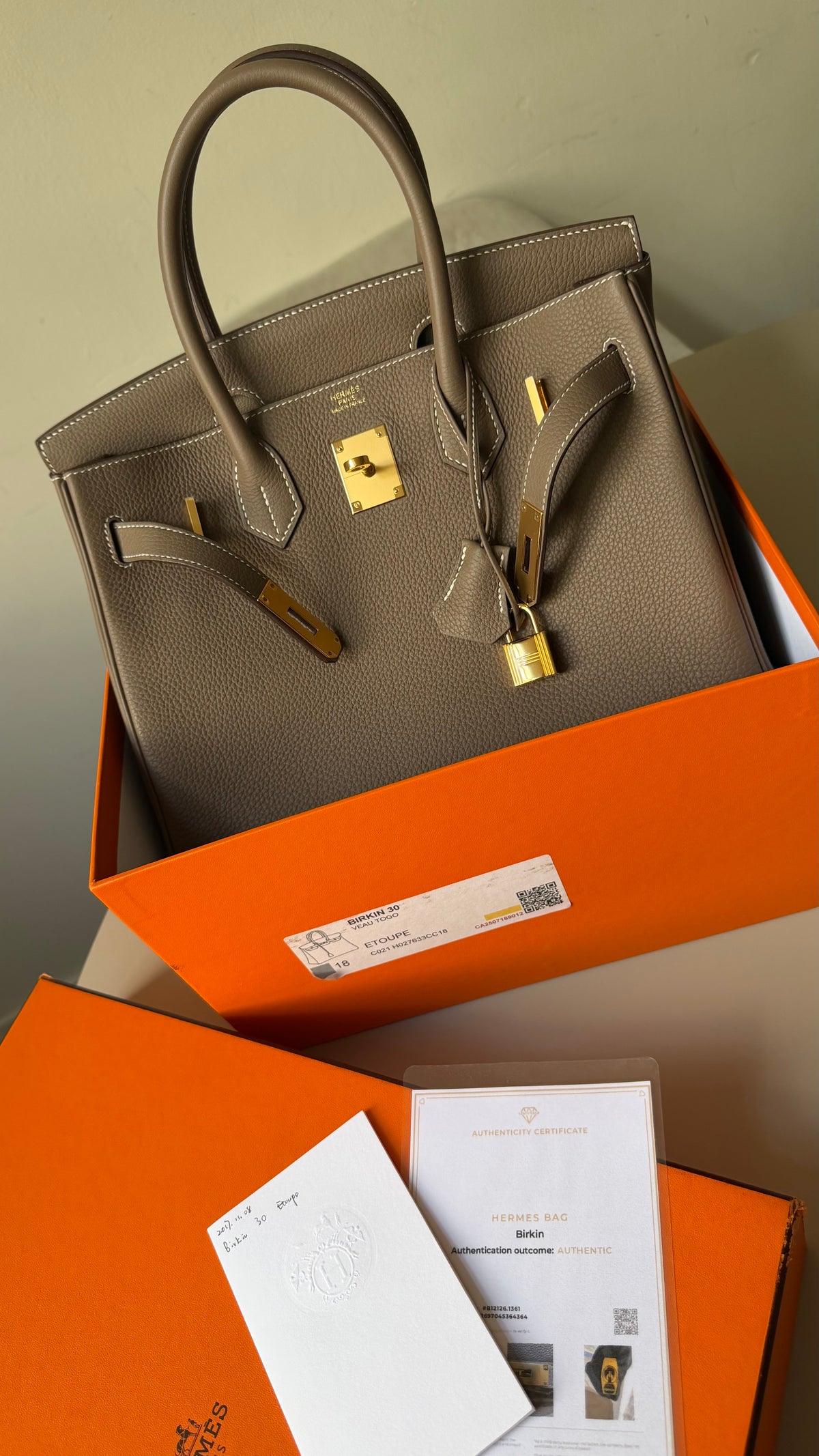 Hermes Birkin 30 etoupe Togo leather A stamp