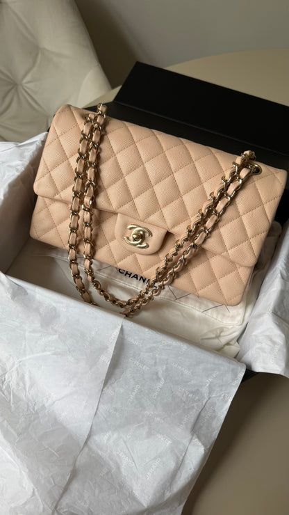 Chanel medium caviar cream beige flapbag with chip (2022-2026)